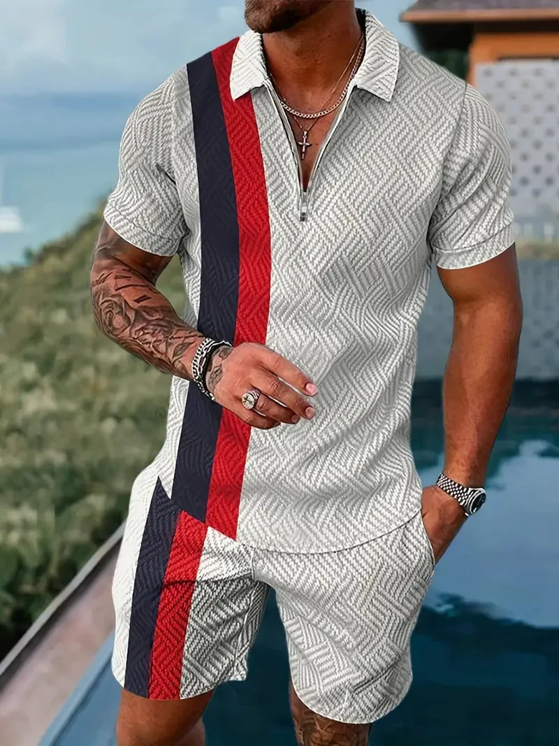 Zipper Shirt Shorts Set Summer Fashion Casual Men's Sports Set 3D Printed Simple Style Lapel Zipper Shirt 2 Sets