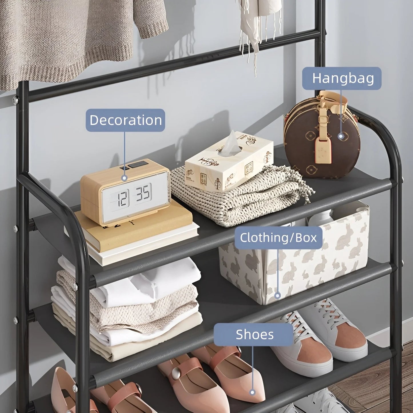 Shoe Rack Coat Rack Strand Simple Metal Storage Rack with Hooks Multipurpose Coat Hanger and Shoe Shelf for Entryway Home