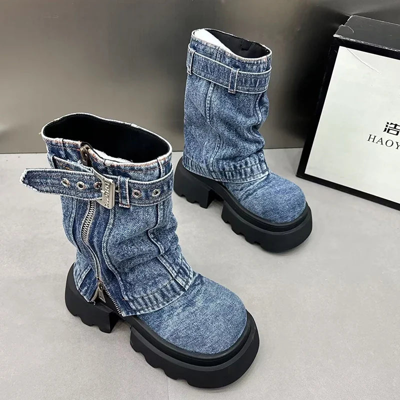 Women Cowboy Mid-calf Boots Zipper Platform Mid Heels Designer Shoes Winter New Motorcycle Boots 2024
