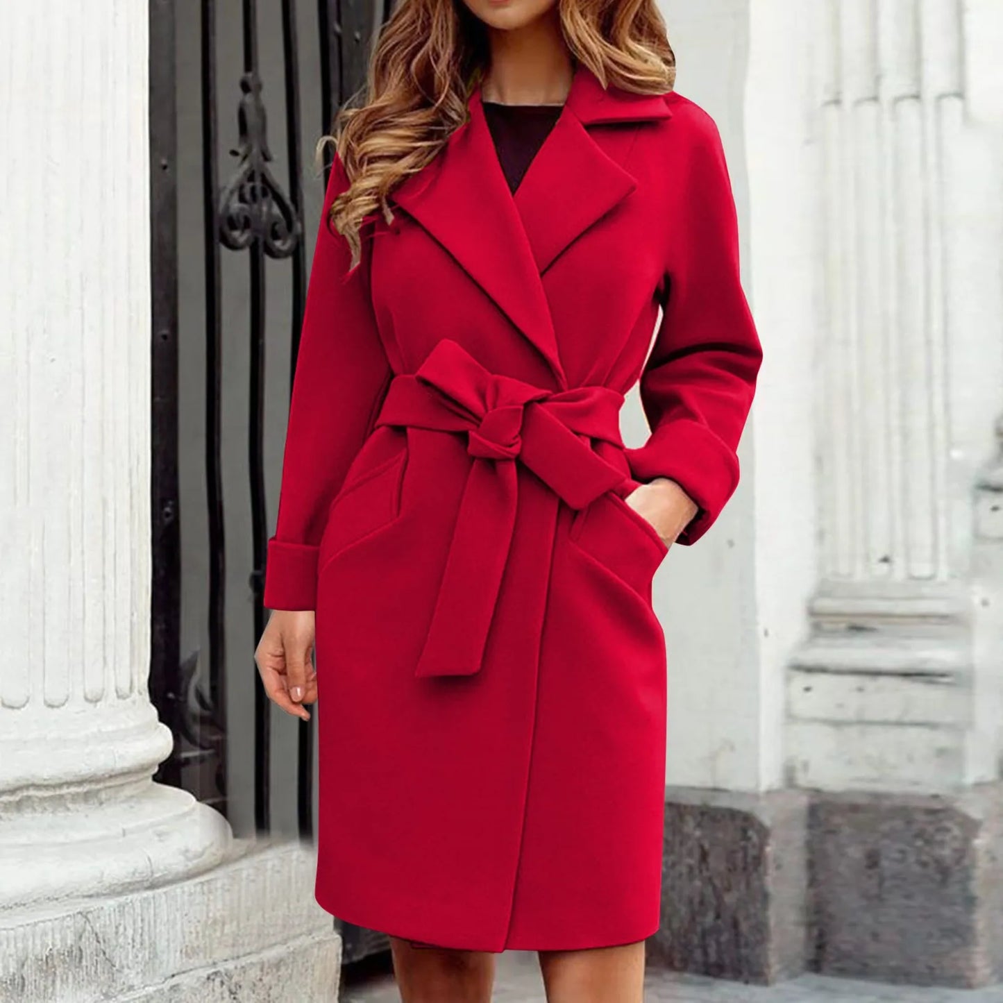 Women Hot Pink Trench Coat Casual Mid Long Overcoat Lapel Open Front Cardigan Outwear Woolen Boot Winter Jackets for Women