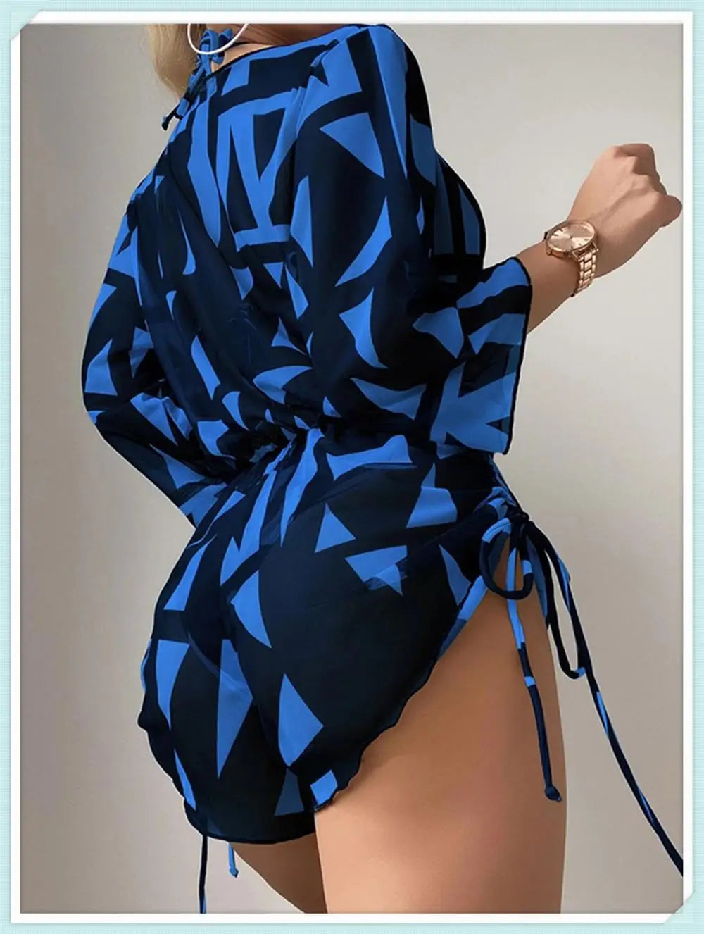 3 pieces Halter Bikini Tropical Print Swimsuit Drawstring Side Swimwear Women Long Sleeve Bathing Suit Female Swimming Beachwear