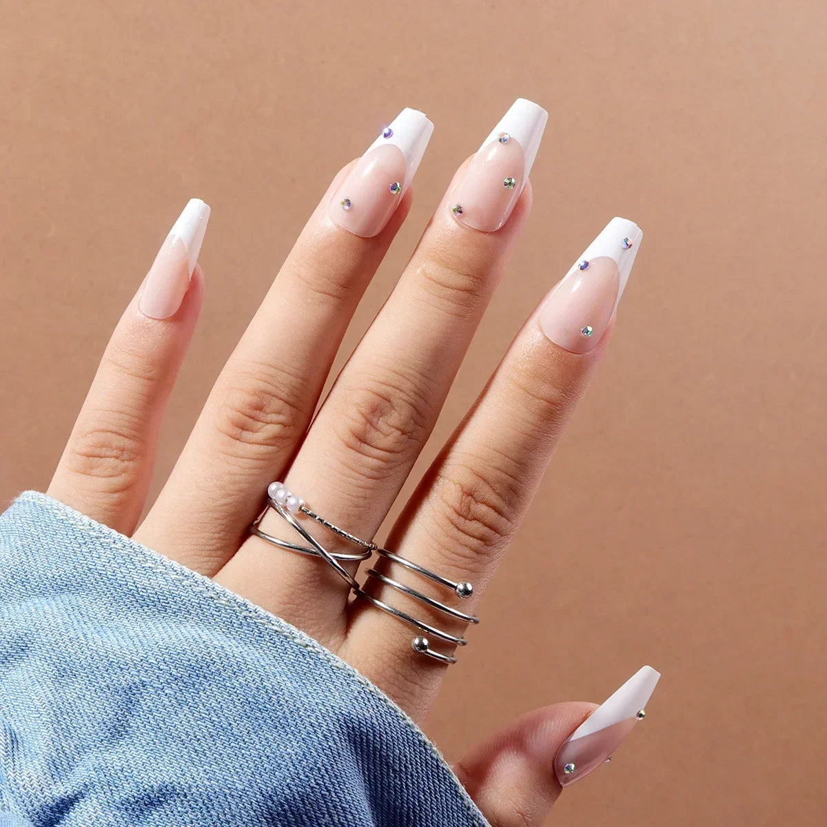 24Pcs Shimmery Long Coffin False Nails with Glue Ballerina Nail Design Sweet Fashion French Press on Acrylic Nails Manicure Tips