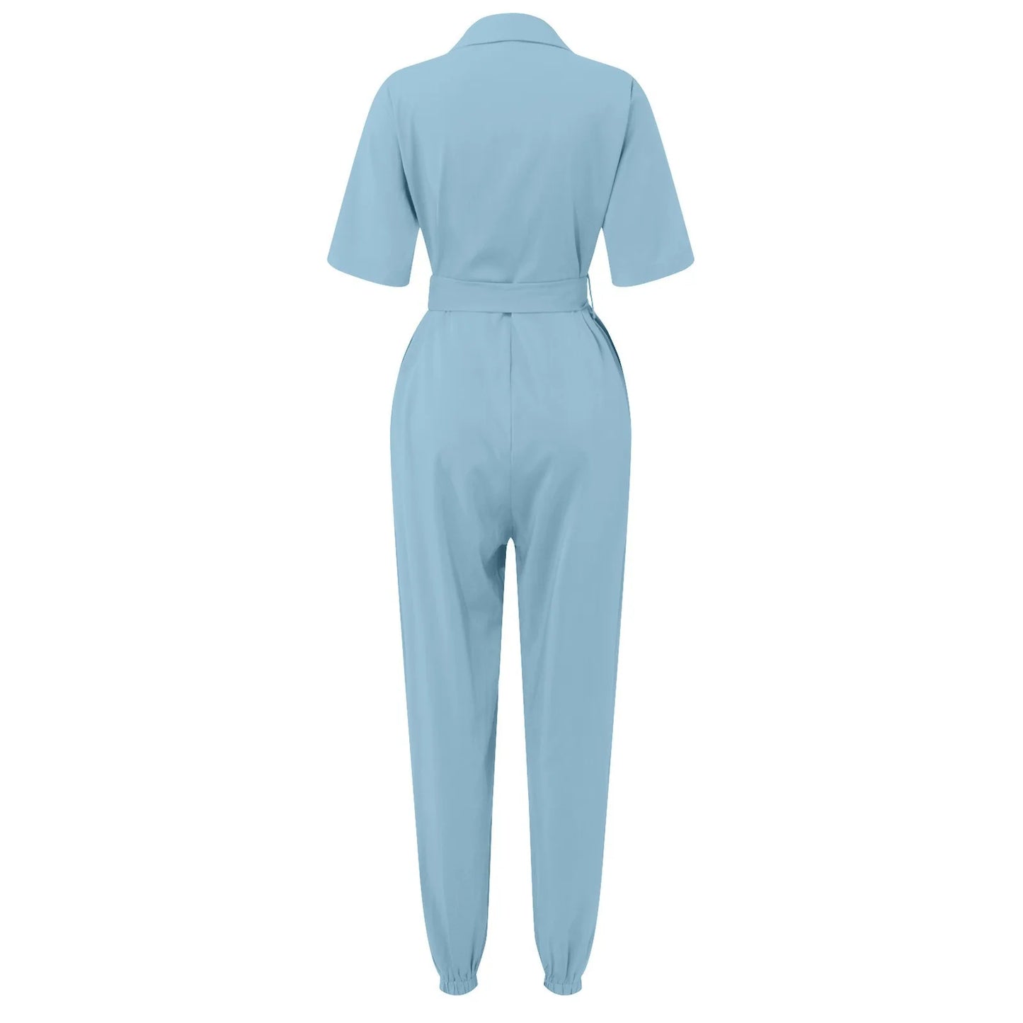 Women's Casual Lapel Lace-Up Printed Belt Short Sleeve Jumpsuit Summer Fashion Workwear Keep Short Eye Catching Junior Size