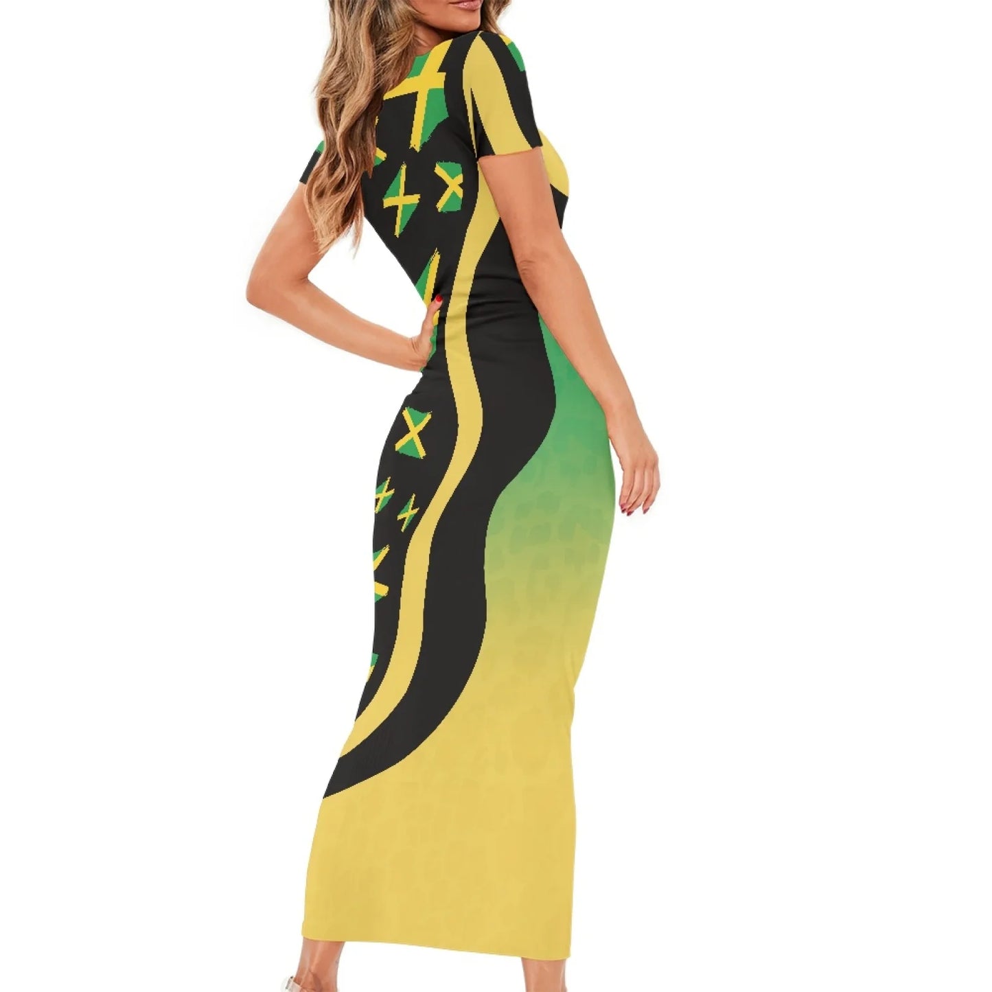 Off-The-Shoulder Long Skirt for Ladies with Big Front Jamaica Flag Print Puff Sleeves Tailor-Made Eye-Catching Design