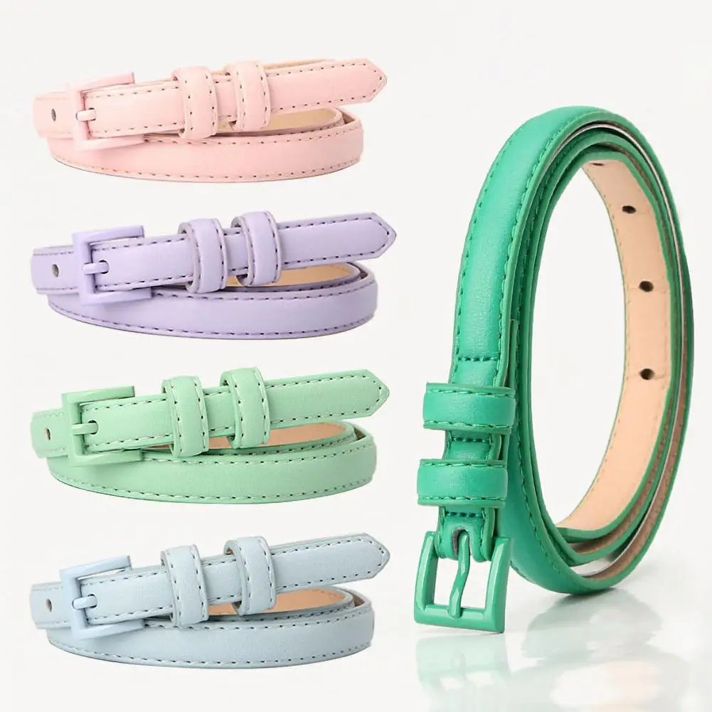 Women Belt Thin Skinny Waistband Candy Color Faux Leather Waistband Adjustable Length Multi Holes Design Jeans Belt