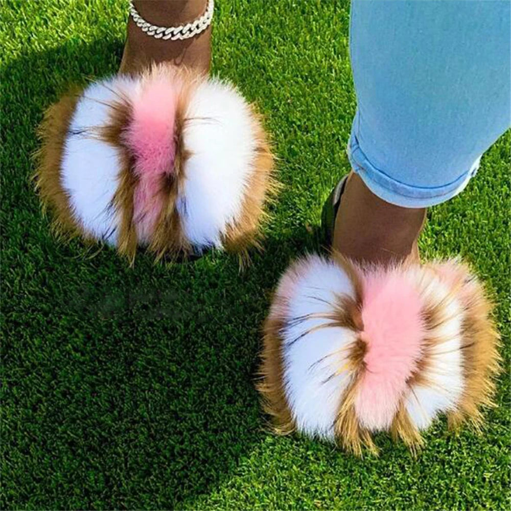 Hot Sale Summer Women Fox Fur Slippers Furry Slippers Designer Fur Slides Girls Black Fur Slides Gorgeous Big Fur Slides Sandal