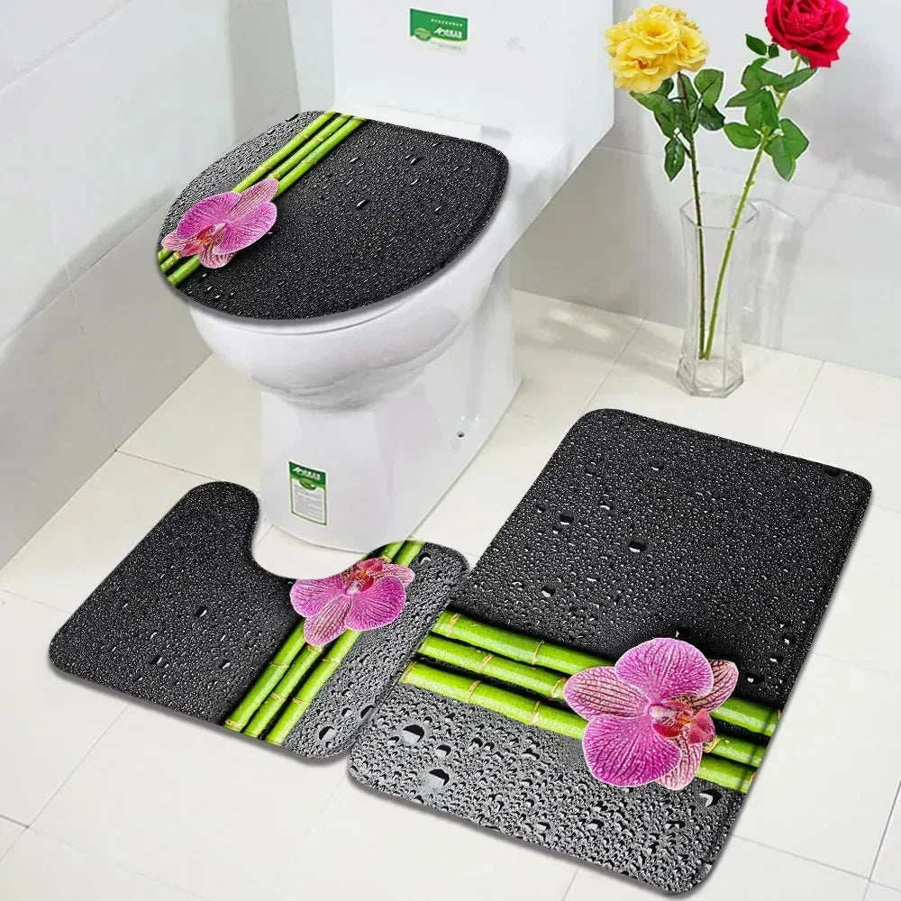 Zen Bath Mat Set Pink Lotus Orchid Grey Stone Green Bamboo Home Carpet White Bathroom Decor Flannel Floor Rugs Toilet Lid Cover