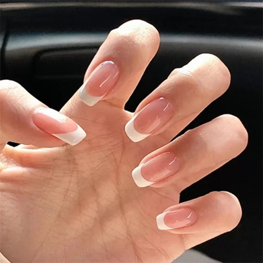 24Pcs/Set Press on Nails Gradient Point Drill Ballet Wearing False Nails Long French Stick on Nail Artificial Acrylic Fake Nails