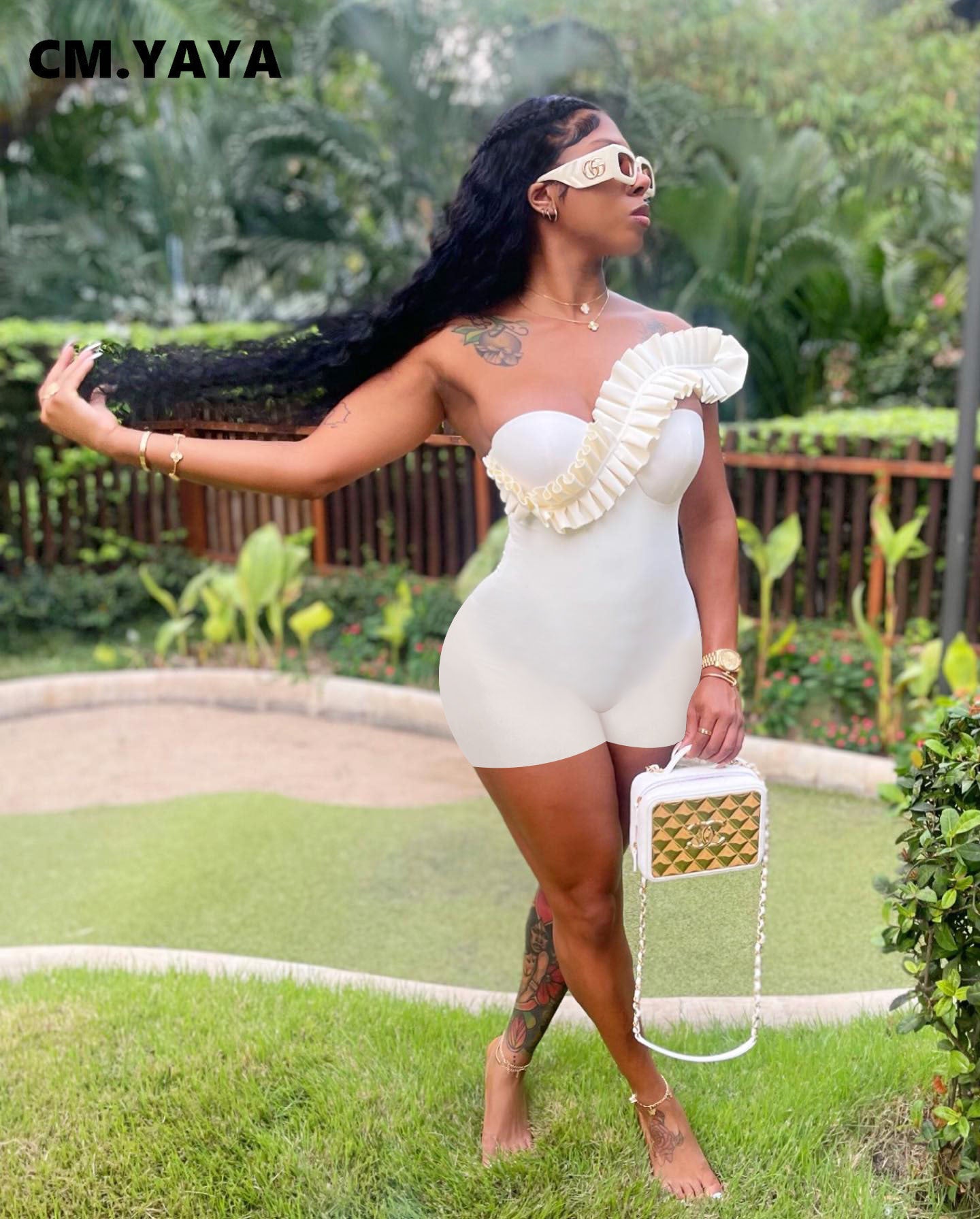 CM.YAYA Women Ruffles Spicing One Shoulder Sweetheart Neck White Bodycon Stretch Romper and Playsuit 2022 Summer Sexy Overall