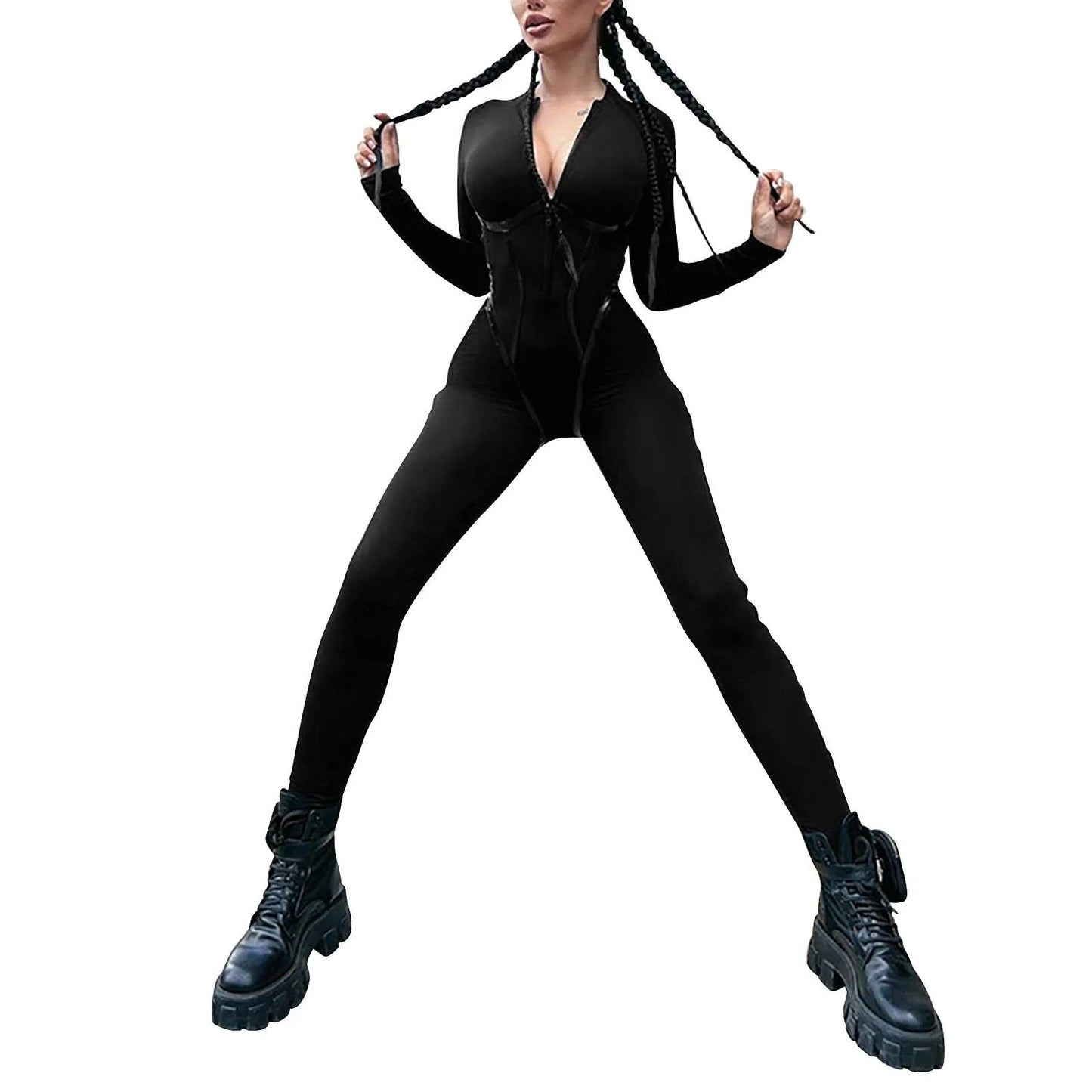 Women'S Bright Leather Splicing Jumpsuit Tight Long Sleeve Zip Sporty Playsuits Jogging Slim Fit Stretch Rompers ropa de mujer