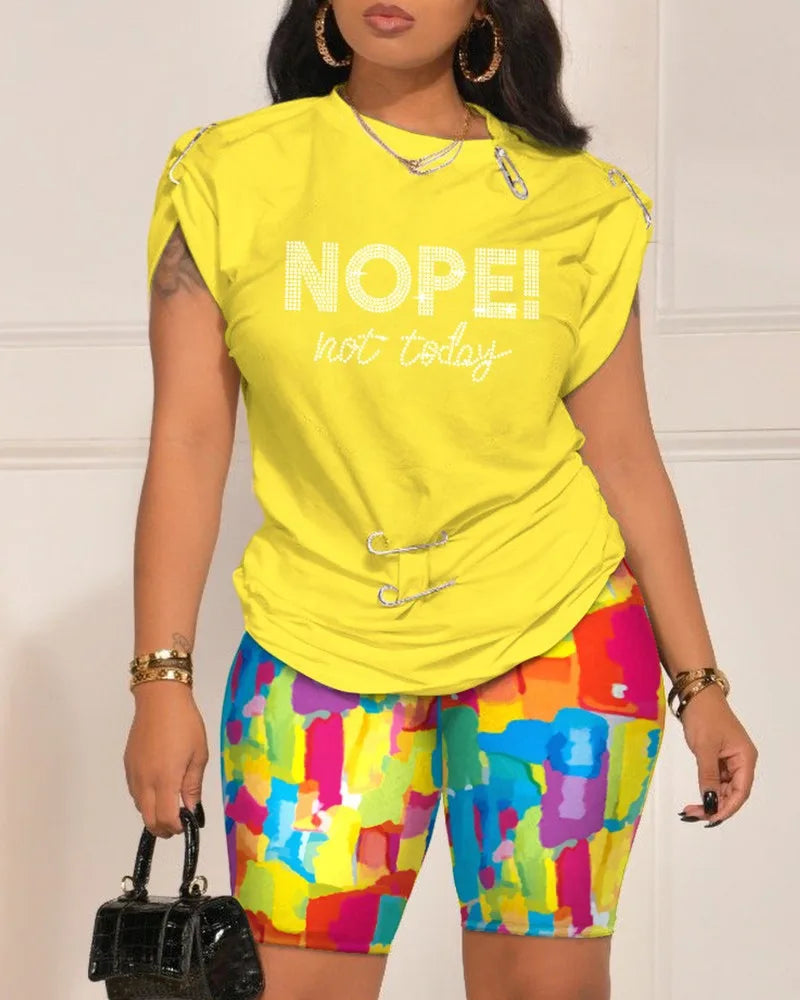 Casual Short Sleeve Tshirt Shorts Set Office Lady Spring Summer Fashion O-neck Letter Print Two Piece Set Women Outfit 2023