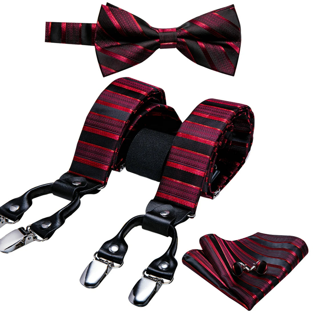 Luxury Red Black Striped Suspenders for Man Party Pre-tied Bowtie Pocket Square Cufflinks Set Silk Leather Metal 6 Clips Braces