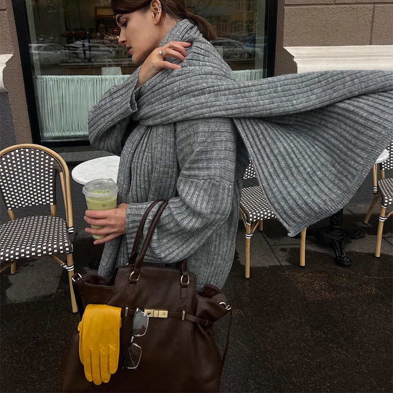 Oversize Knitted Women's Set V-Neck Full Sleeve Scarf Pullover Long Trousers Casual Loose Lady Suit for Autumn