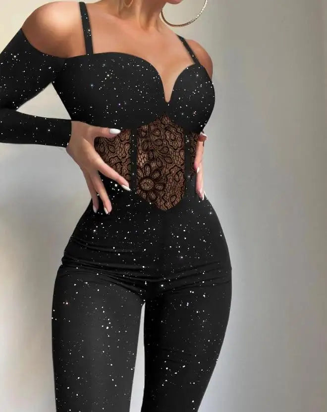 Autumn Fashion Women's Long Sleeve Jumpsuit with Tribal Pattern and Mesh Patch European and American Style for Ladies