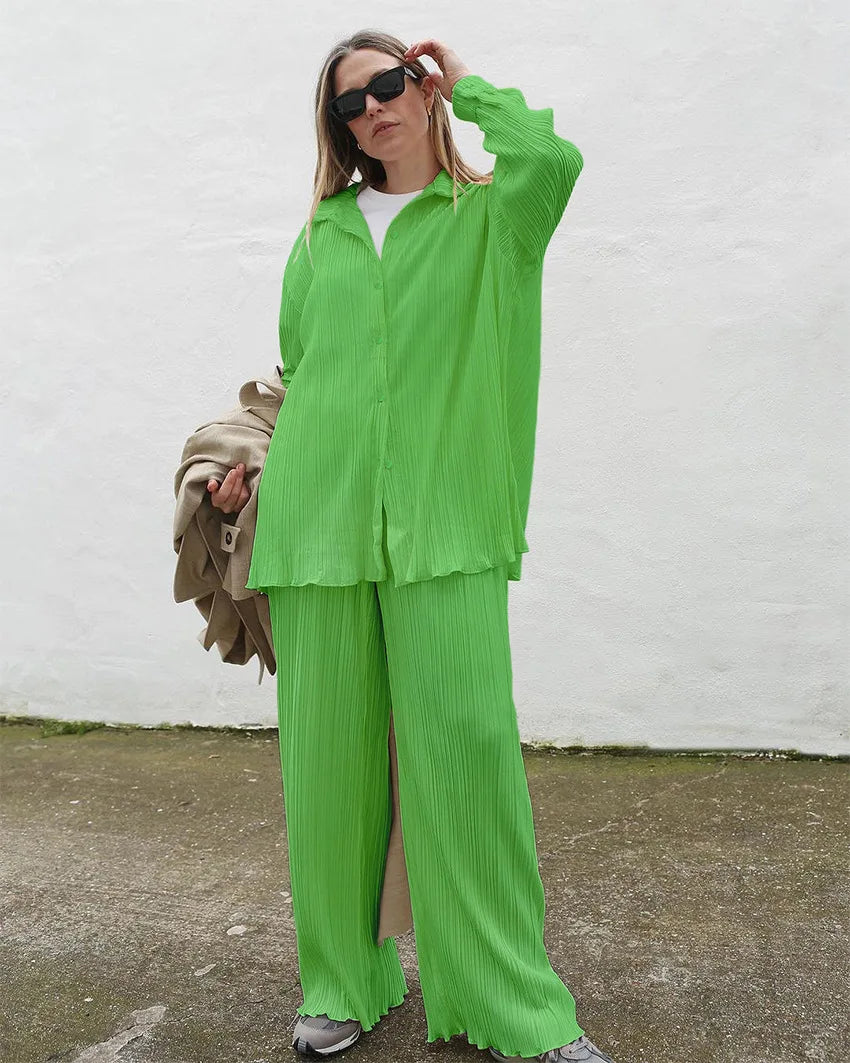 New Spring And Autumn Suit Women's Pleated Lapel Shirt Loose Casual Suit Solid Color Drape Pleated Casual Suit