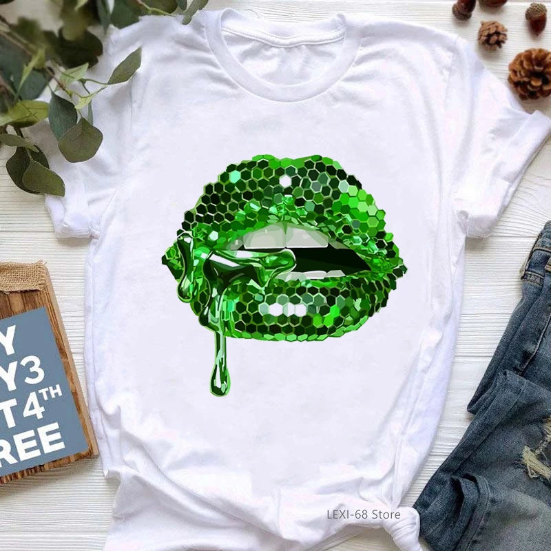 Pink Glitter Lips Graphic Print Tshirt Women'S Clothing Luxurious Makeup T Shirt Haut Femme Aesthetic Clothes T-Shirt