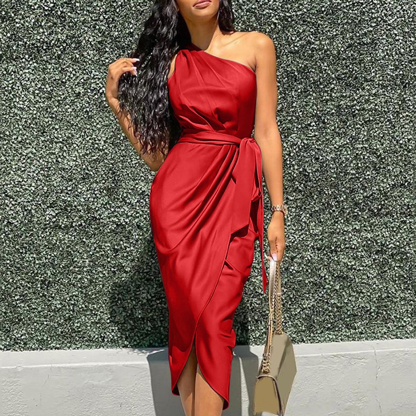 Women Prom Cocktail Dresses Sexy Solid One Shoulder Ruched Slit Belted Waist Dress Sleeveless Formal Occasion Dresses 원피스