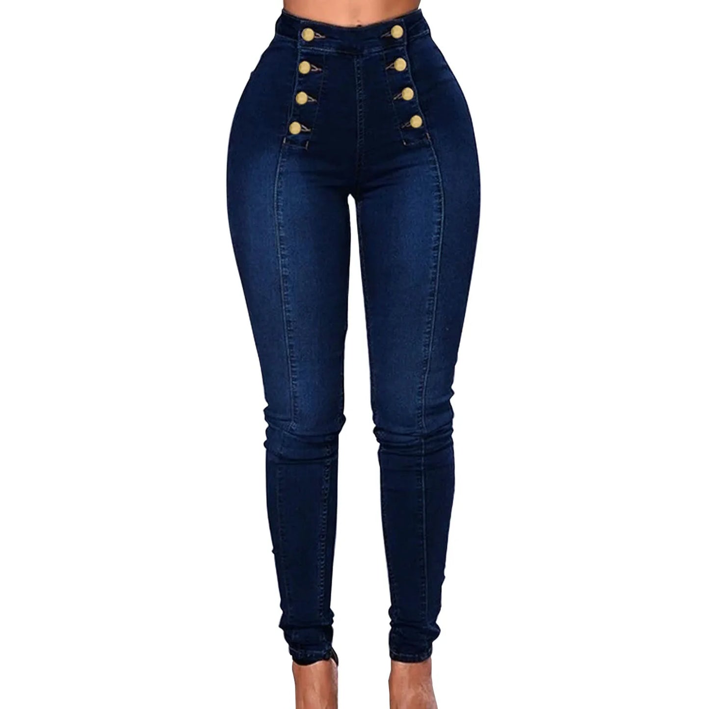 High Waist Casual Baggy Jeans Trouser Trendy Double Breasted Multi Button Slim Fit Elastic High Waist Skinny Women'S Demin Pants
