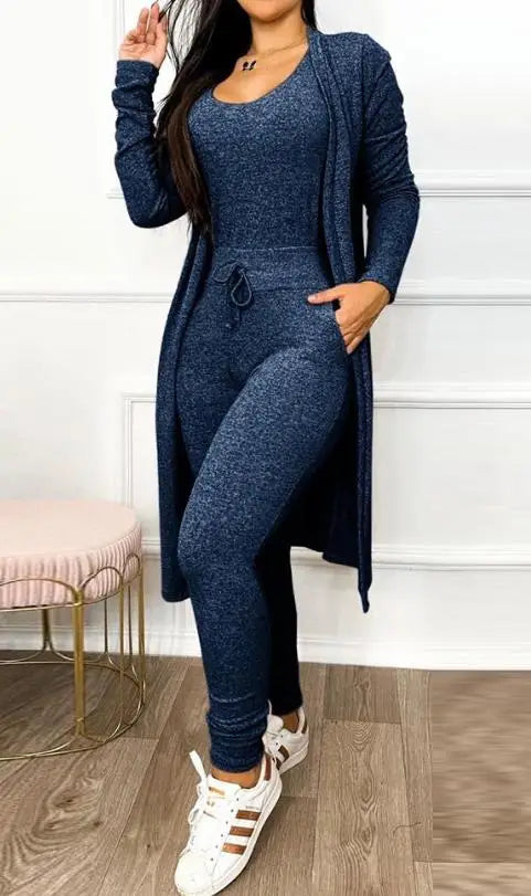 Two Piece Set Women Outfit Spring Fashion Drawstring Pocket Design U-Neck Sleeveless Skinny Jumpsuit & Long Sleeve Coat Set