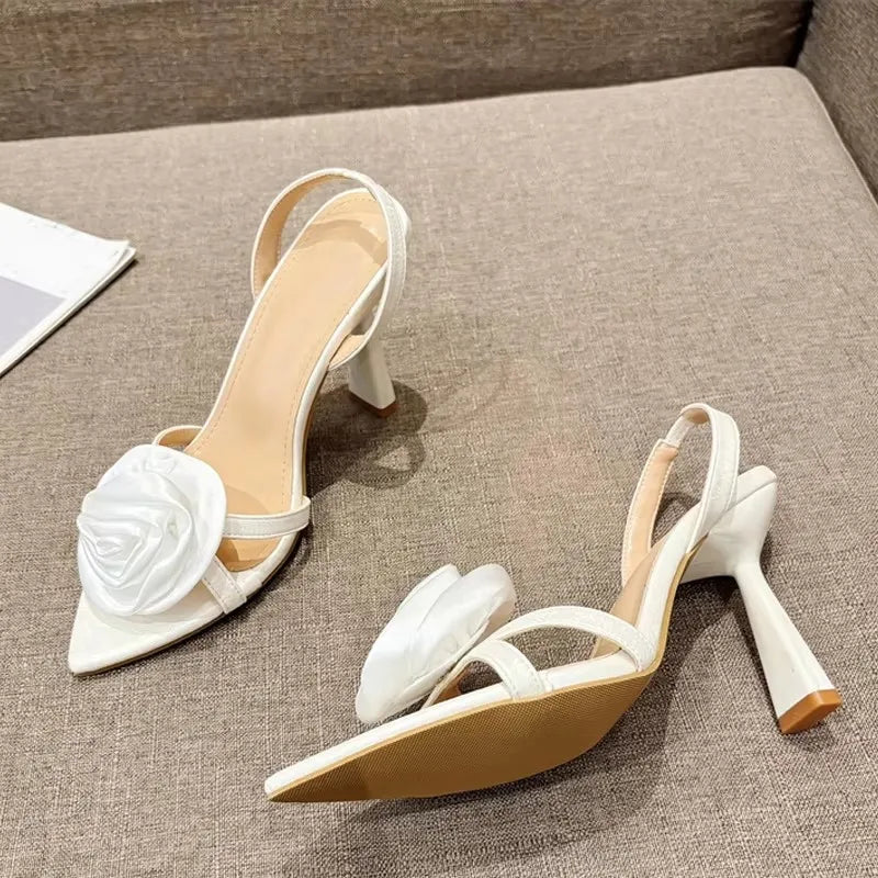 Liyke Green Silk Rose Flower Women's Slippers Open Toe High Heel Sandals Sexy Summer Party Dress Shoes for Adult Women