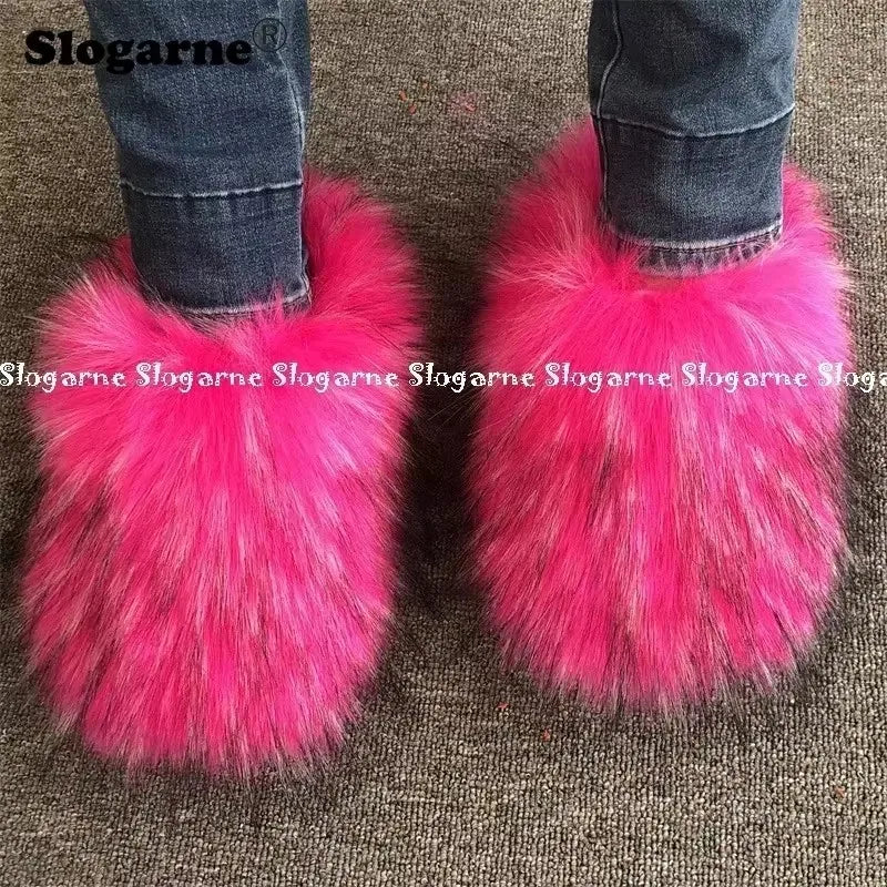 New Colorful Raccoon Fur Slippers Women Winter Faux Fur Shoes Ladies Luxury Furry Slippers Girls Artificial Fox Furs Slides Shoe