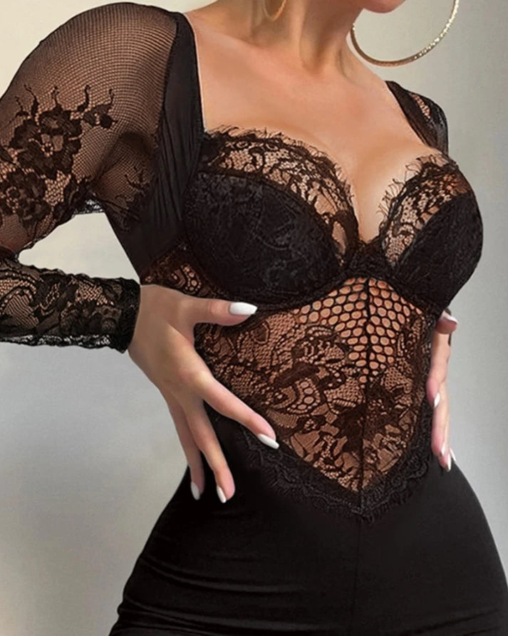 Autumn Fashion Women's Long Sleeve Jumpsuit with Tribal Pattern and Mesh Patch European and American Style for Ladies