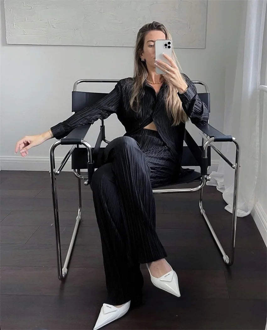 New Spring And Autumn Suit Women's Pleated Lapel Shirt Loose Casual Suit Solid Color Drape Pleated Casual Suit