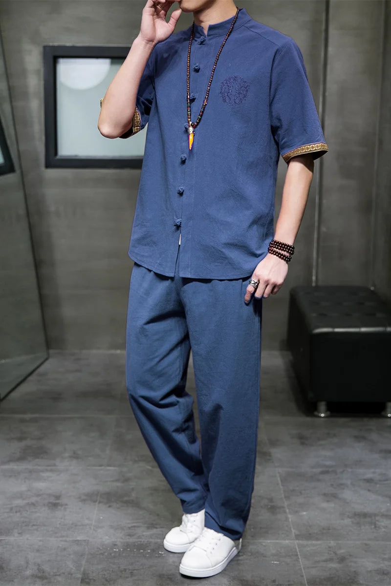 Mens Linen Sets Summer Men Streetwear Jogger Shirts+Long Pants Male Slim Style 2 Pieces Hanfu Tracksuit Tang Suit 5Xl