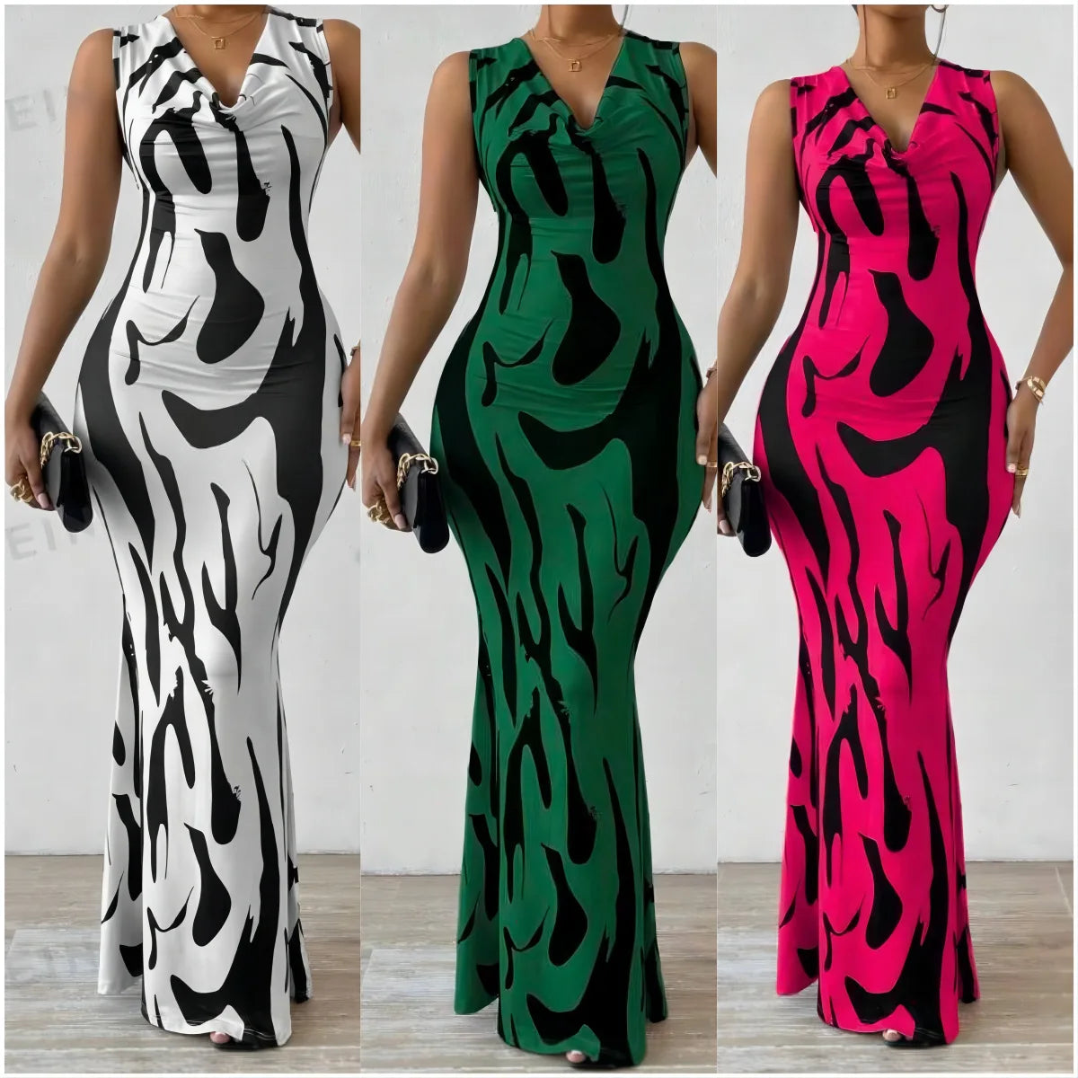 Sexy Bodycon Package hip Party Women's Long Dresses Summer Print Sleeveless Pile Collar Slim Skinny Party Maxi Dress For Women