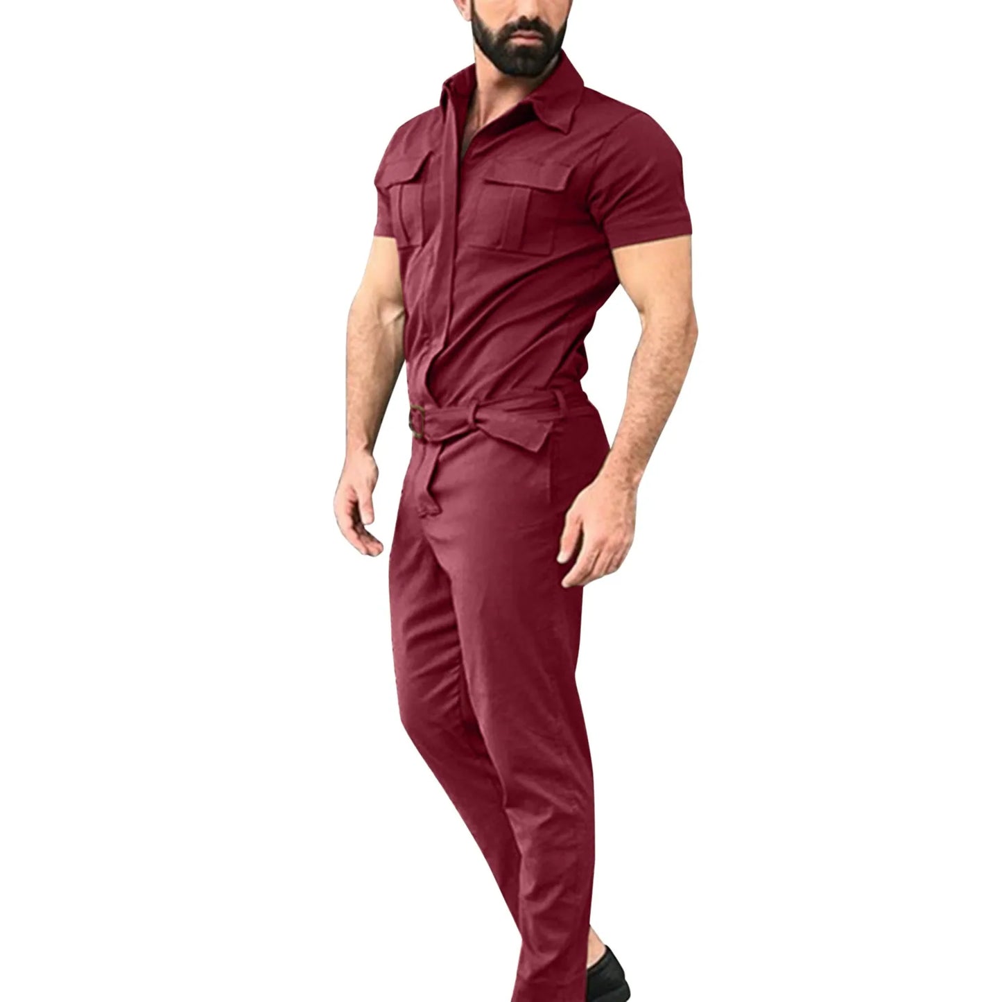 2024 New Men's Fashion Jumpsuit Solid Color Belted Cargo Pants for Leisure Fitting Clothing