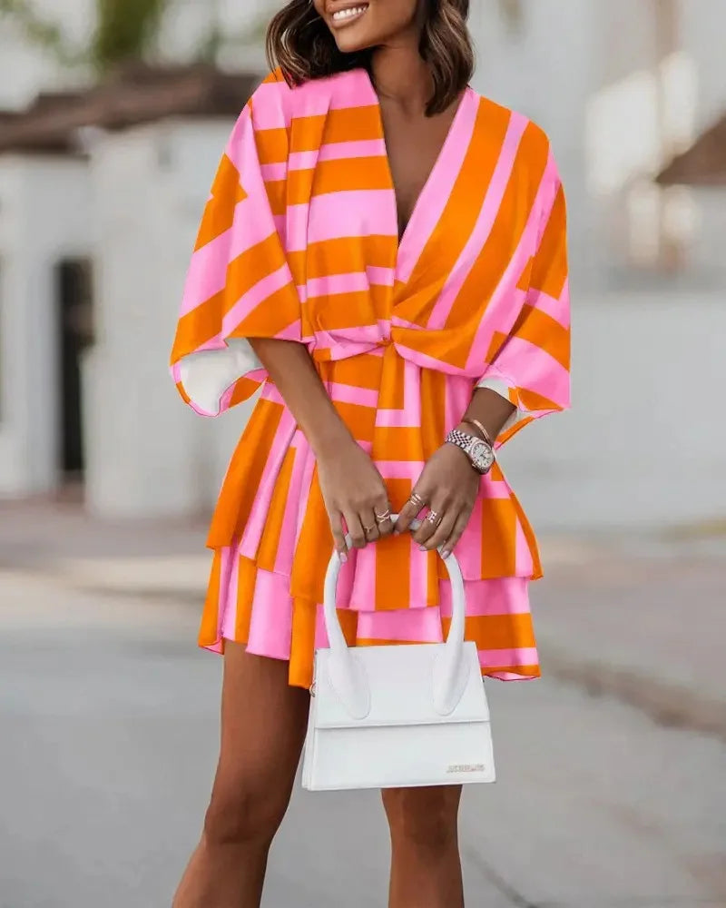 Women's Spring And Autumn Sexy Chiffon V-neck Loose Bat Sleeve Print Dress Women's Fashion Casual 5/4 Sleeve Dress Vestidos
