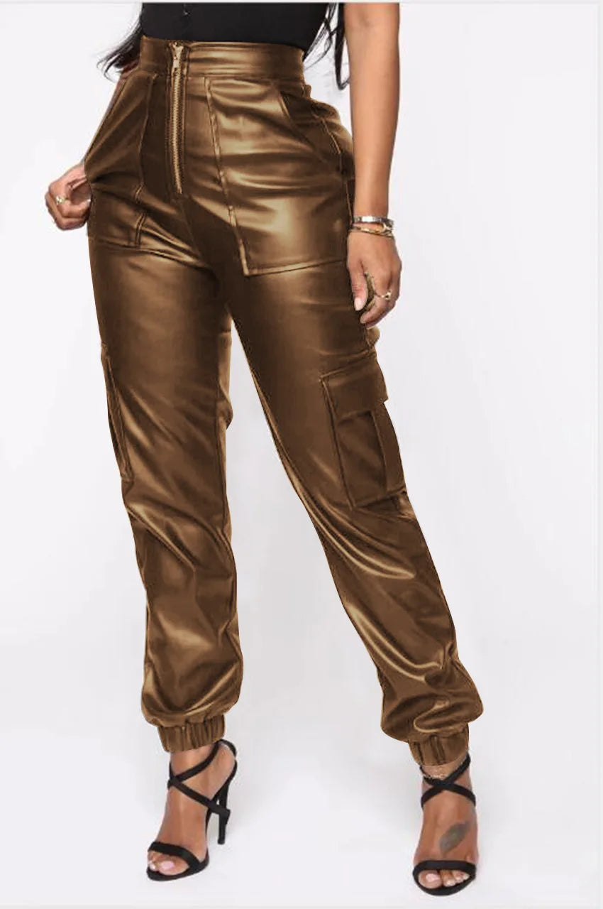 Autumn Winter Fashion Women's Trousers Faux Leather High Waisted Joggers with Zipper Multi Pocket Straight-Leg Cargo Pants
