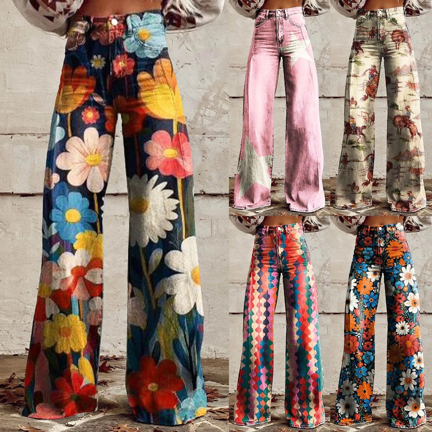 Casual Vintage Wide Leg Imitation Jeans High Waisted Women's Fashion Loose Fit Denim Pants with 90s Floral Print and Pocket Button