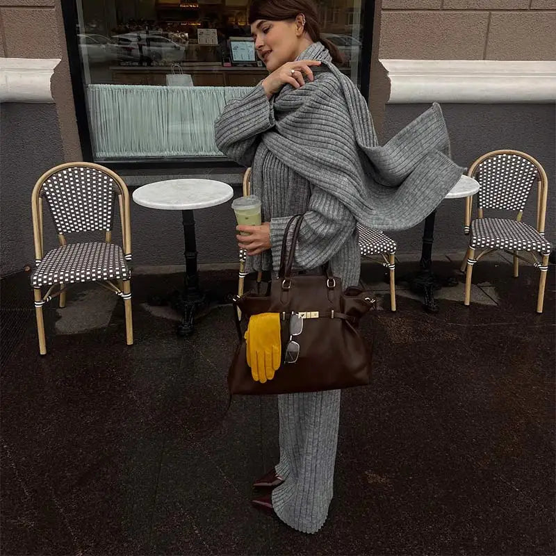 Oversize Knitted Women's Set V-Neck Full Sleeve Scarf Pullover Long Trousers Casual Loose Lady Suit for Autumn