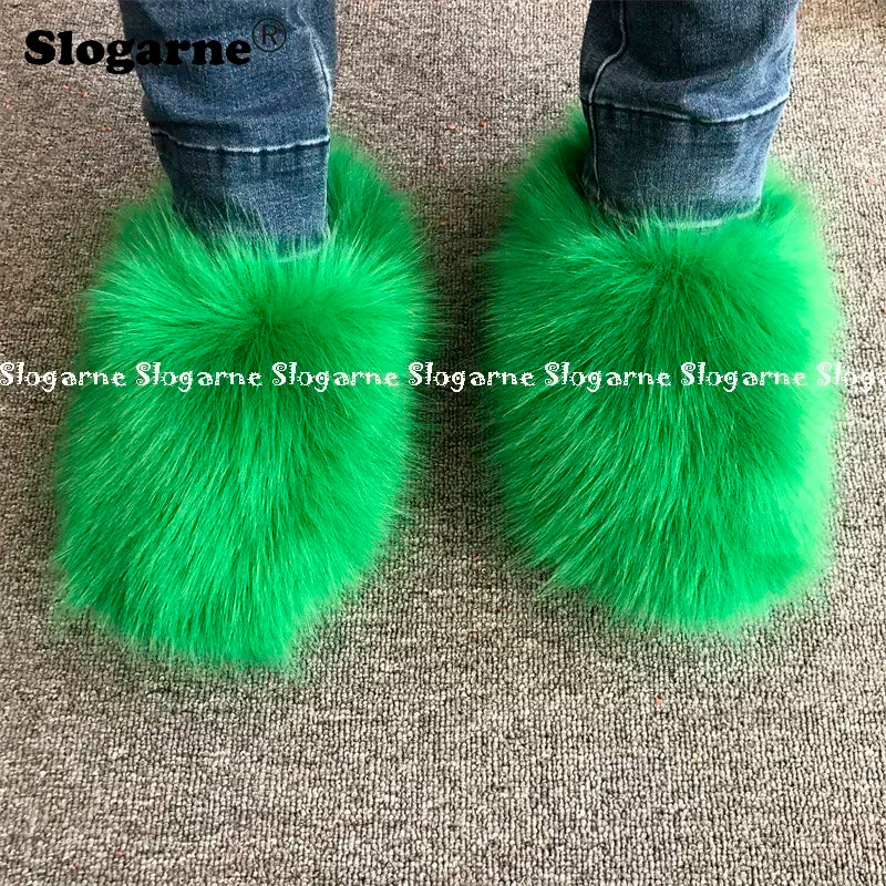 New Colorful Raccoon Fur Slippers Women Winter Faux Fur Shoes Ladies Luxury Furry Slippers Girls Artificial Fox Furs Slides Shoe