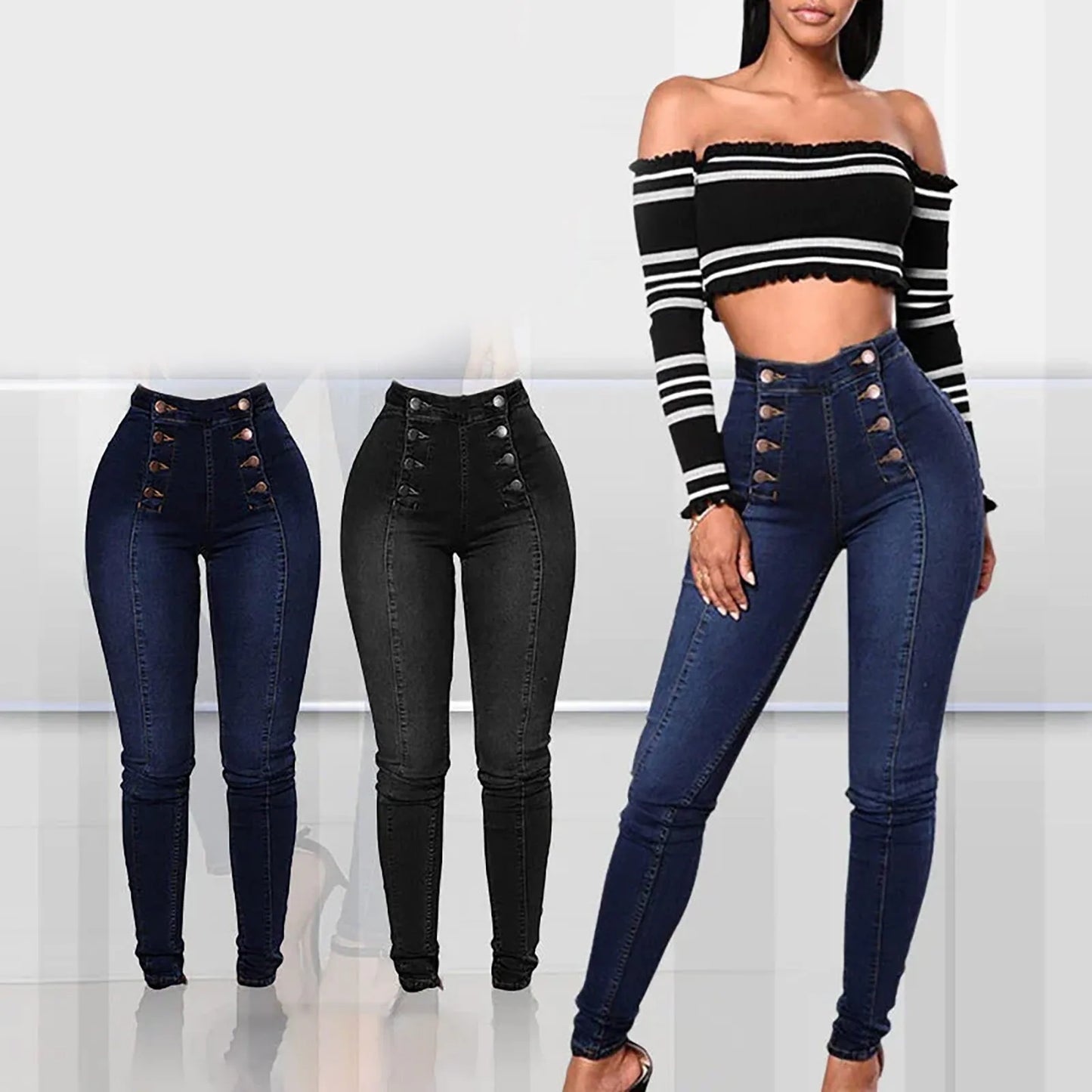 High Waist Casual Baggy Jeans Trouser Trendy Double Breasted Multi Button Slim Fit Elastic High Waist Skinny Women'S Demin Pants