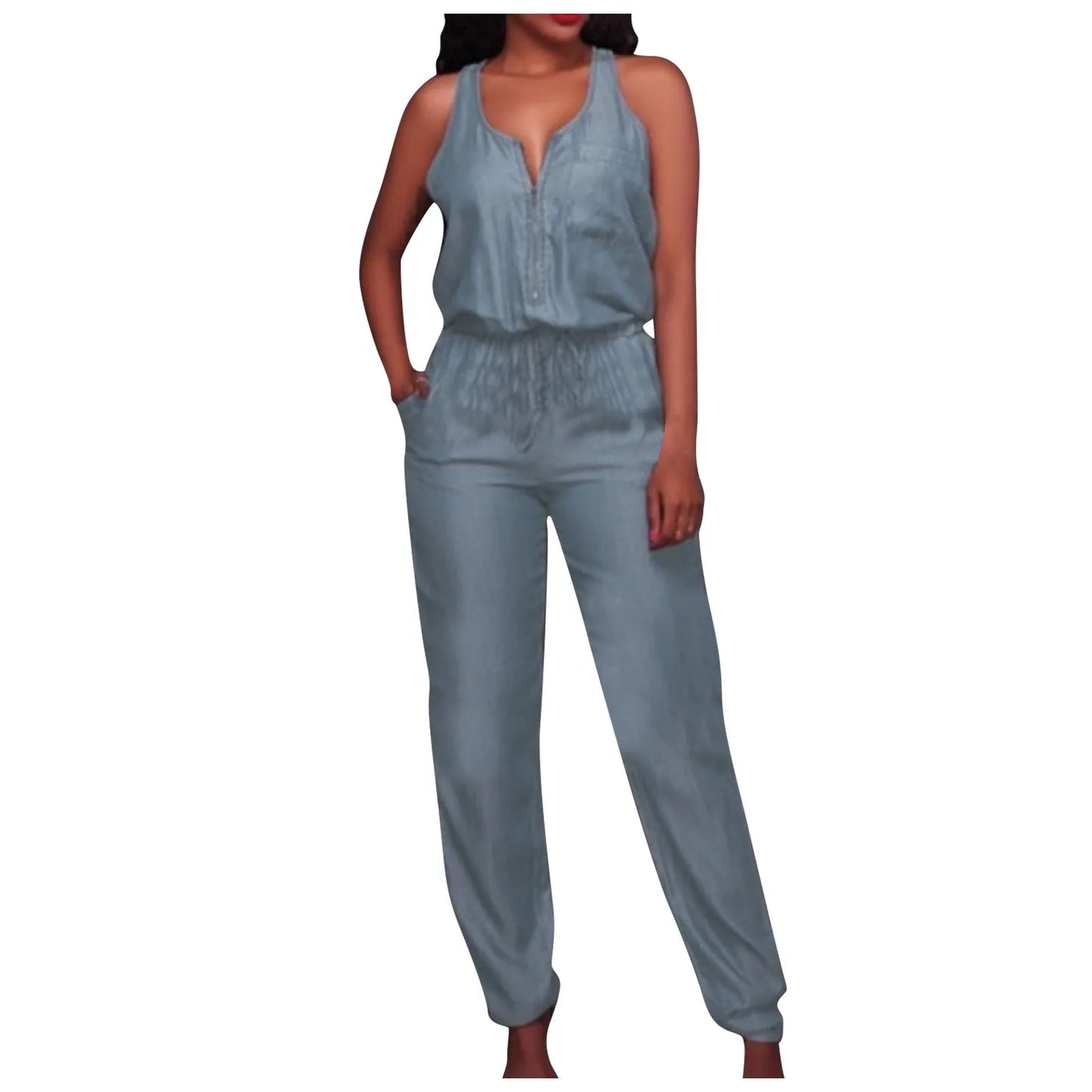 Denim Jumpsuit Women Sexy Off Shoulder Sleeveless Jeans Jumpsuits Fashion Pocket Zipper V Neck Overall Elastic Waist Romper
