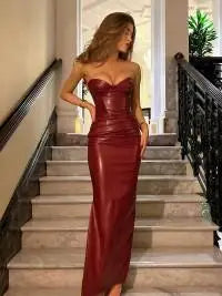 Women Sexy Deep V Red Lattice Leather Mini Dress Fashion Long Sleeve High Waist Fold Slim Dresses Lady New Highstreet Short Robe