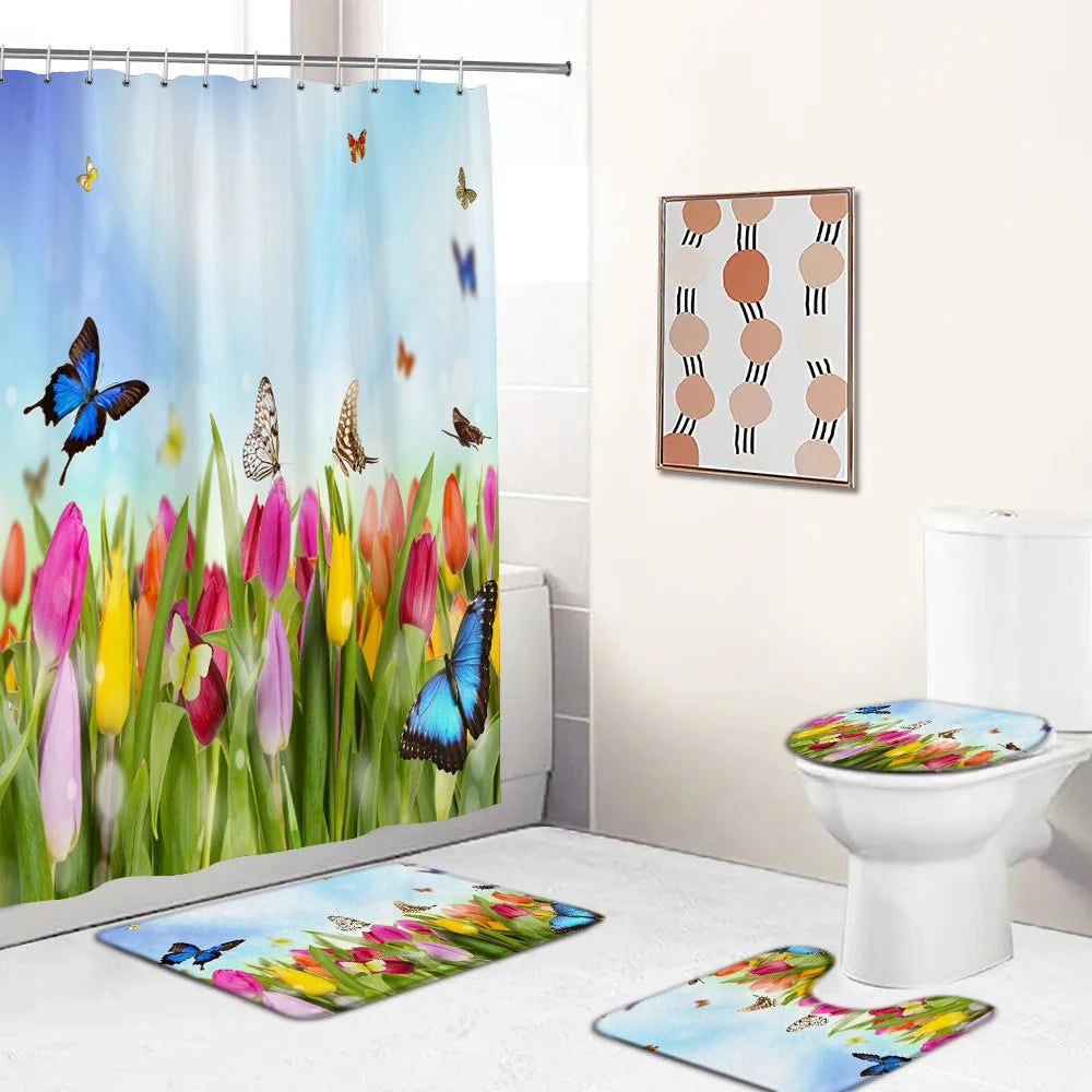 Butterfly Rose Flower Printed Waterproof Bathroom Shower Curtain Set Non-Slip Bath Mat Rug Sets Toilet Cover Bathroom Decor