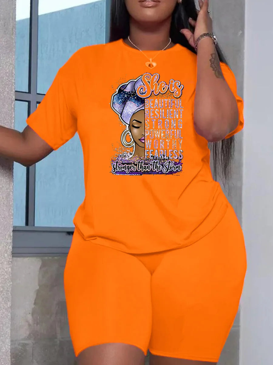 Summer Women Printing Casual T-Shirt Y2k Graphics Top Shorts Set Femme Short Sleeve Two Pieces Set Lady Daily Streetwear Outfits