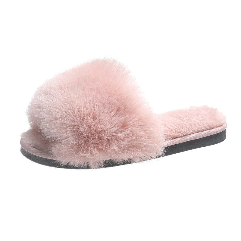 Women's Home Slippers Winter Pink Fur Kawaii Flats Furry Elegant Comfortable Soft Shoes for Woman and Low Price