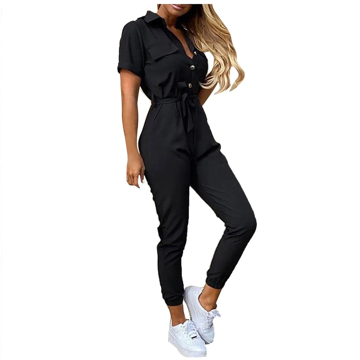 Women's Casual Lapel Lace-Up Printed Belt Short Sleeve Jumpsuit Summer Fashion Workwear Keep Short Eye Catching Junior Size