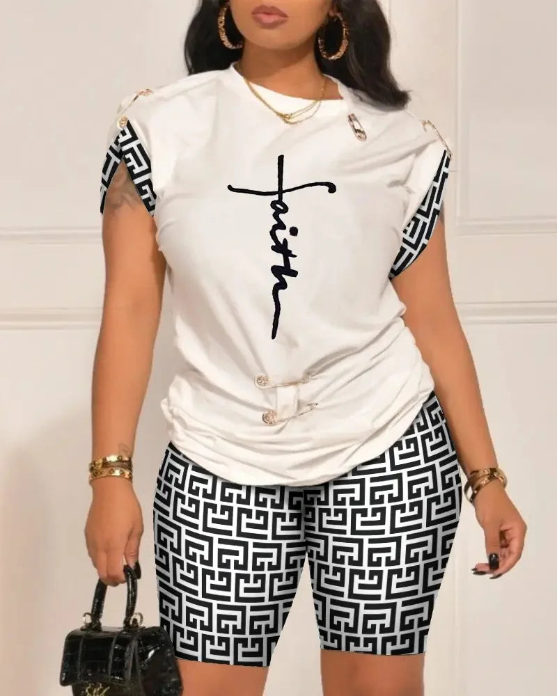 Casual Short Sleeve Tshirt Shorts Set Office Lady Spring Summer Fashion O-neck Letter Print Two Piece Set Women Outfit 2023