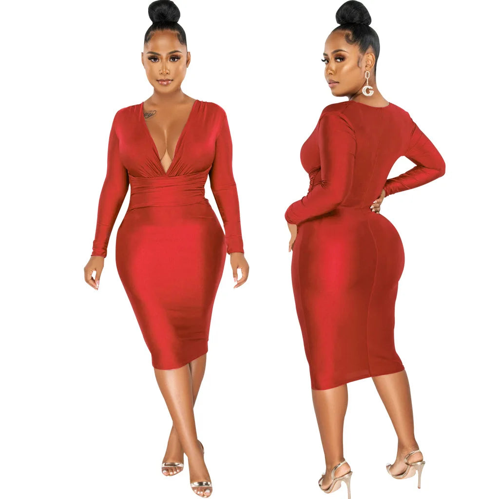CM.YAYA Women V-neck Elegant Long Sleeve Midi Dress 2024 Winter Ruched OL Streetwear Africa Party Club Dresses Vestidos