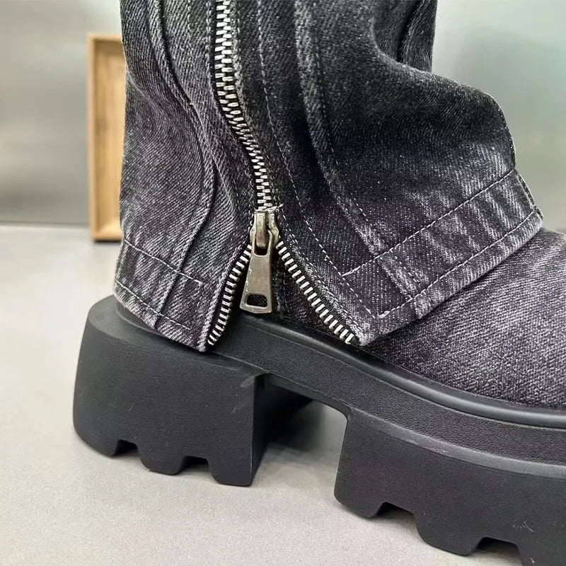 Women Cowboy Mid-calf Boots Zipper Platform Mid Heels Designer Shoes Winter New Motorcycle Boots 2024