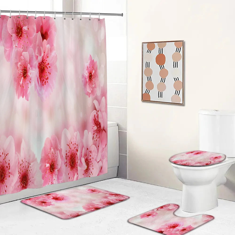 Butterfly Rose Flower Printed Waterproof Bathroom Shower Curtain Set Non-Slip Bath Mat Rug Sets Toilet Cover Bathroom Decor