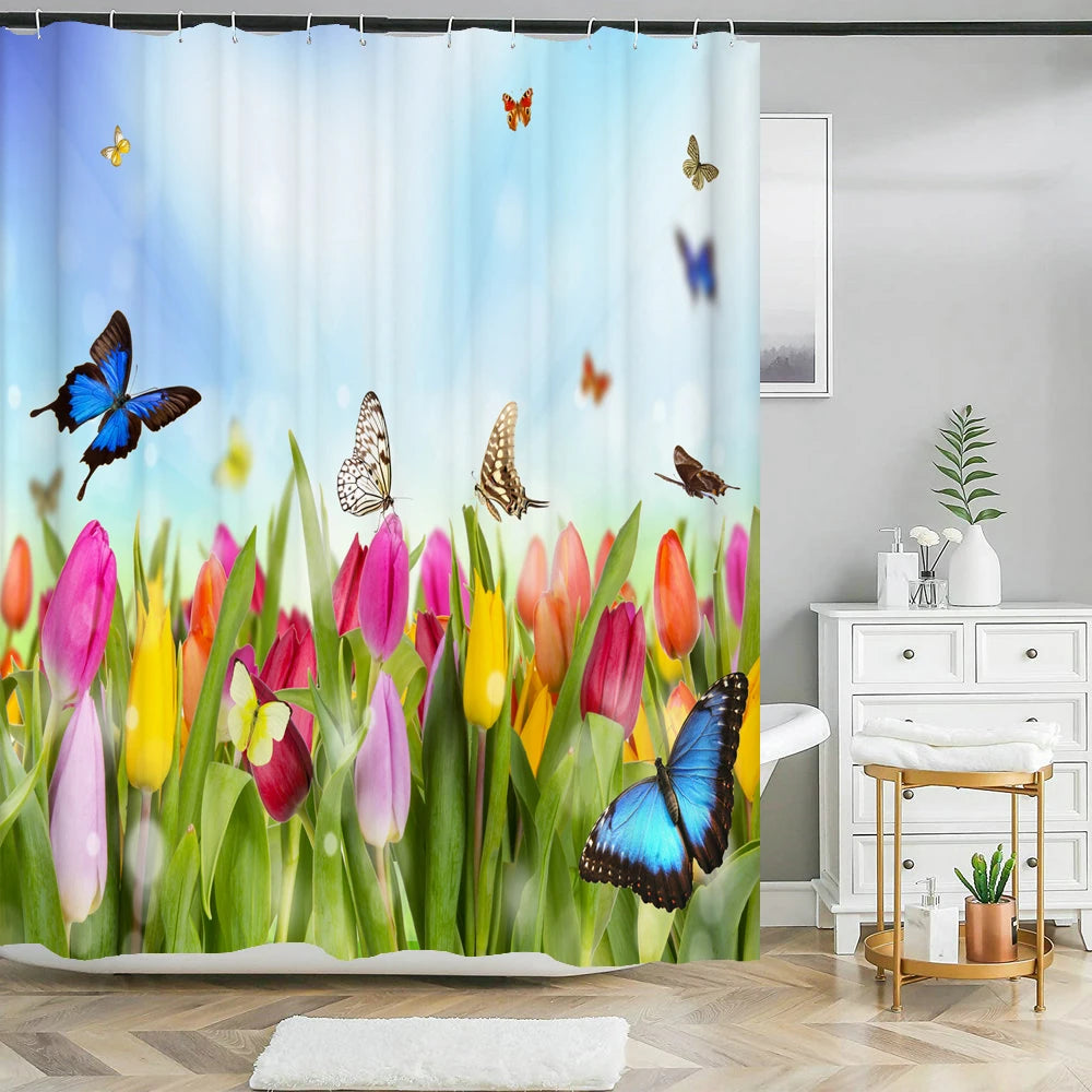 Butterfly Rose Flower Printed Waterproof Bathroom Shower Curtain Set Non-Slip Bath Mat Rug Sets Toilet Cover Bathroom Decor