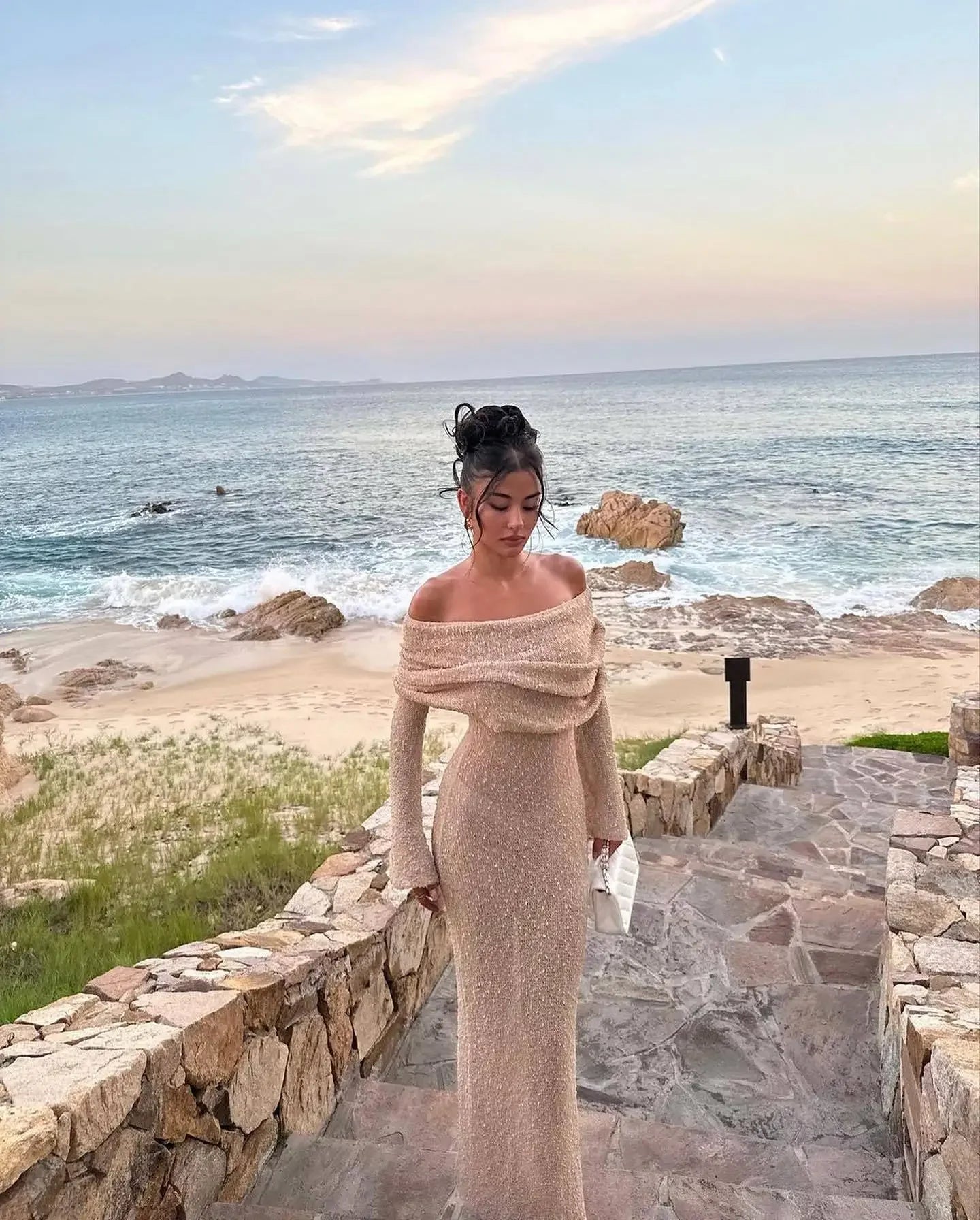 Knit Hollow Out Off-Shoulder Maxi Dress Female Cover up Loose Long Sleeve Holiday Beach Party Dress Women Knitwear Dress