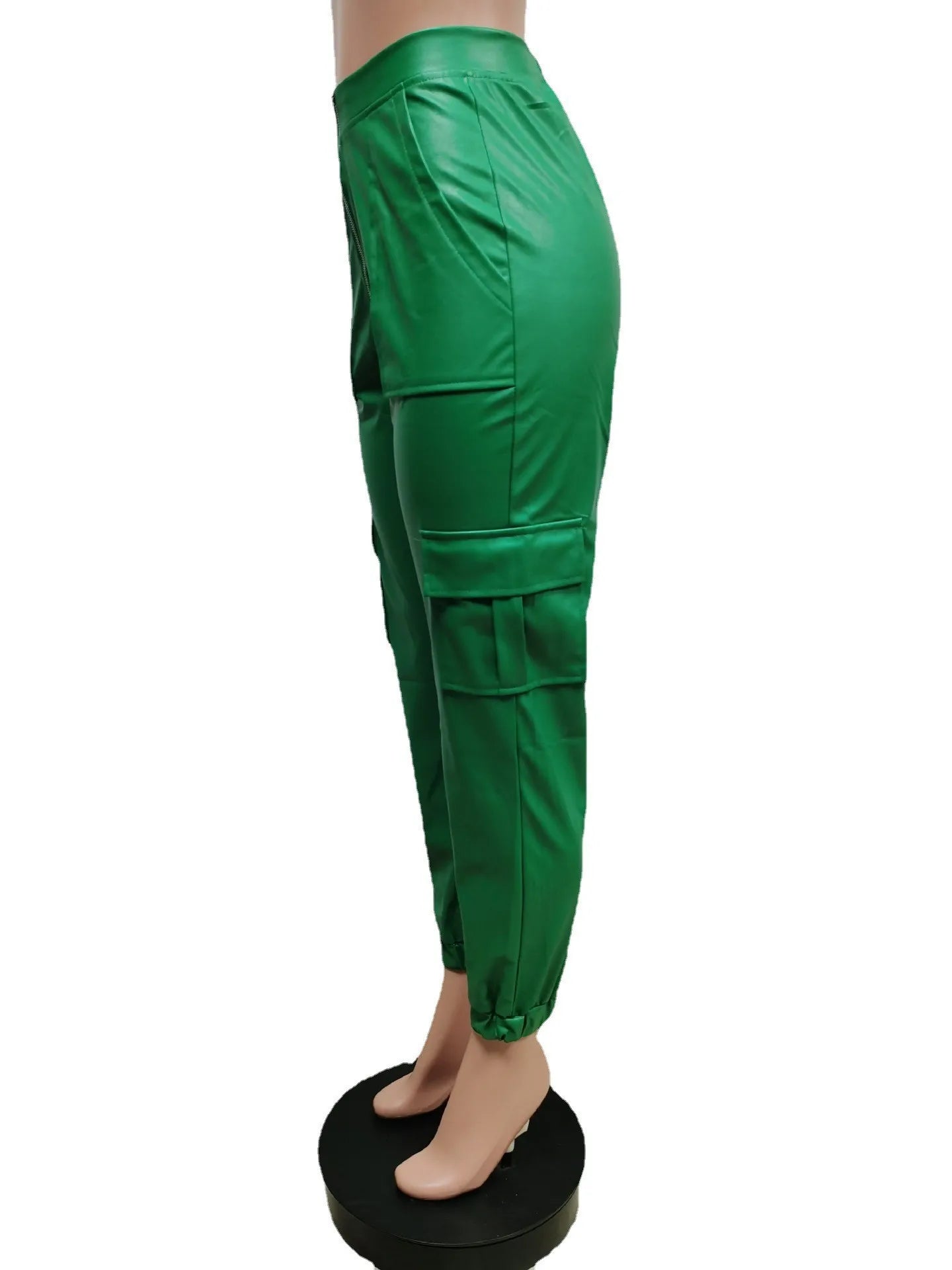 Autumn Winter Fashion Women's Trousers Faux Leather High Waisted Joggers with Zipper Multi Pocket Straight-Leg Cargo Pants