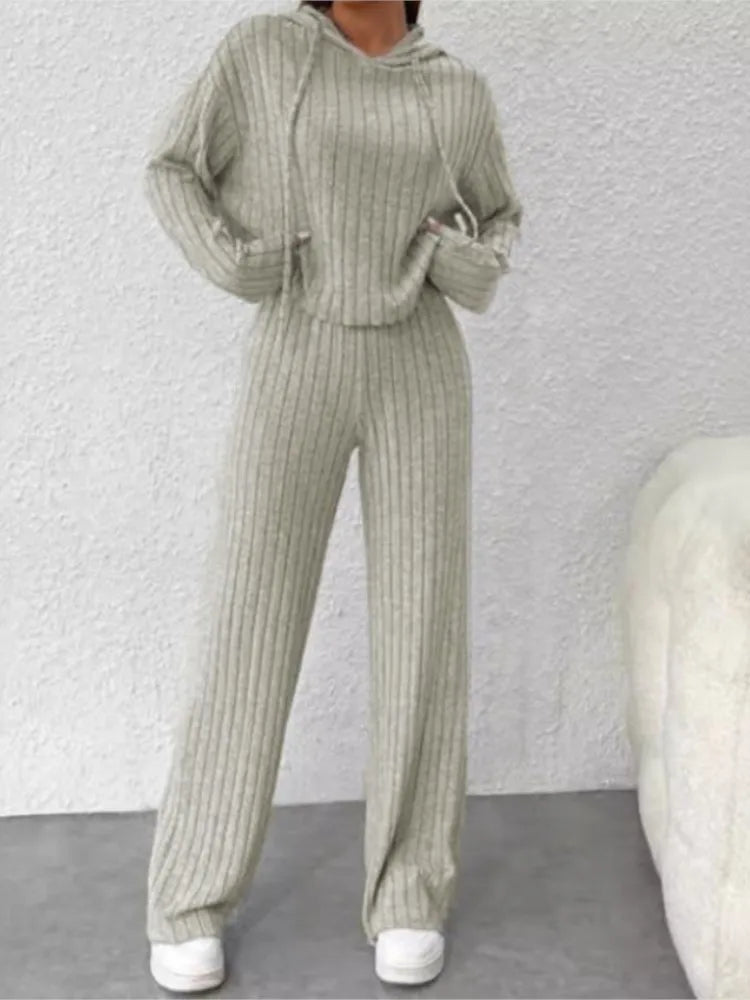 Spring and Autumn Women's New Solid Color Casual Knitted Striped Hooded Sweatshirt Loose Long Sleeved Long Pants Two-piece Set